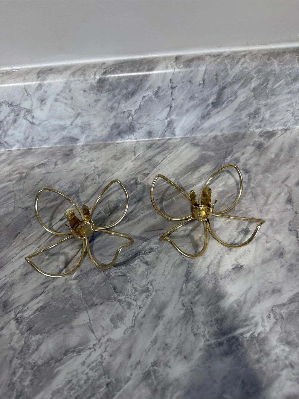 Pair Vintage Gold  Flower Taper Candle Holders Wire Petal Boho Mid Century Decor